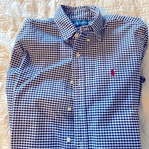 Long sleeve blue and white button down polo shirt